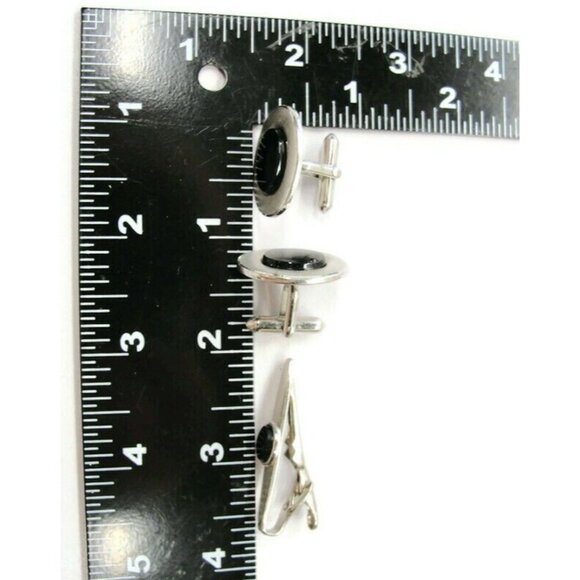 Swank Cufflinks Tie Bar Set Silver Tone Black Stone Tux Shirt Dress Suit Vintage - Picture 4 of 6